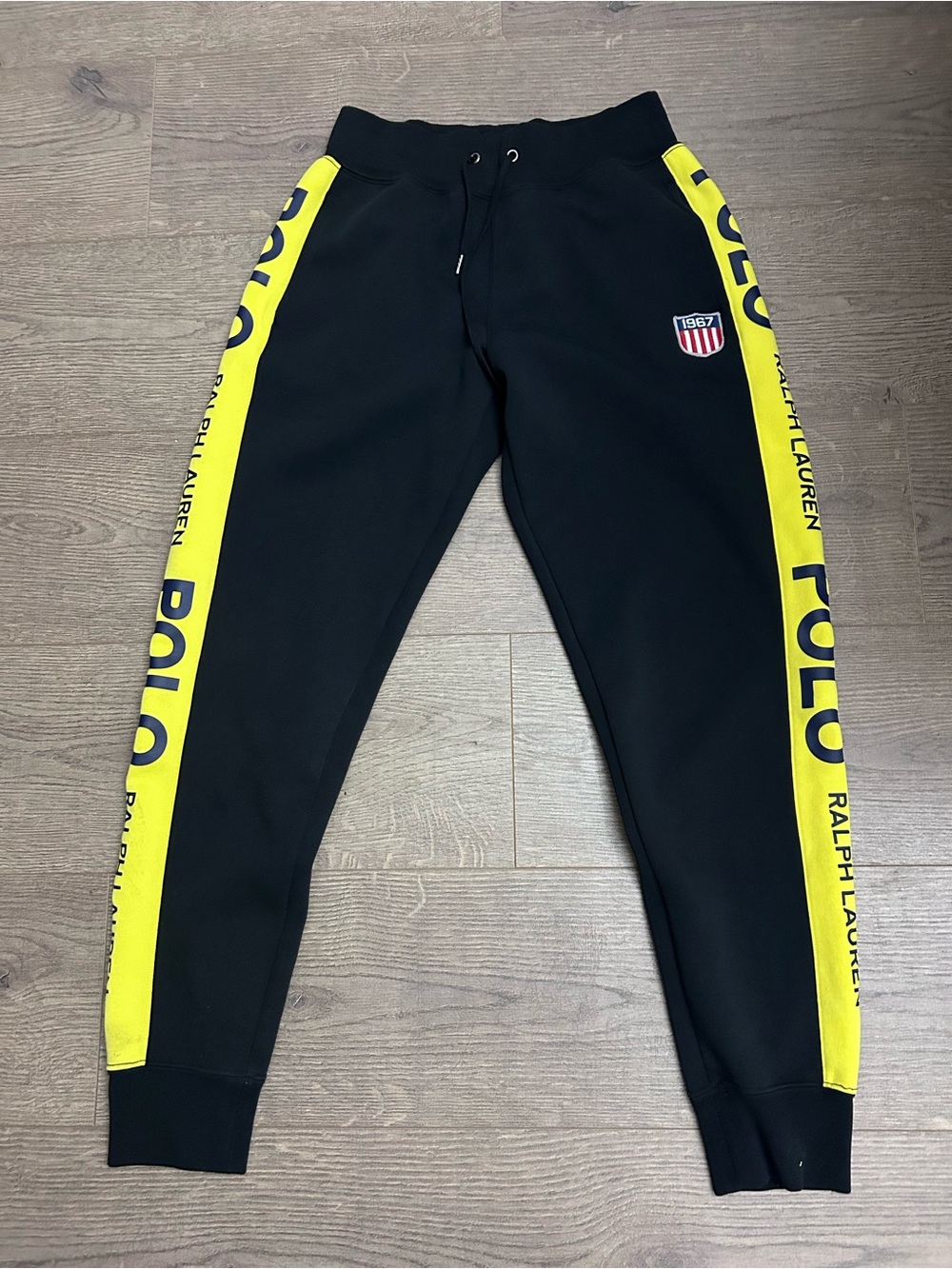 Polo by Ralph Lauren Black Sweatpants Track Joggers with Yellow Side Stripes